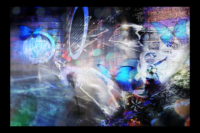 Layered faces, curved lines and glowing blue and white shapes within a dark border.