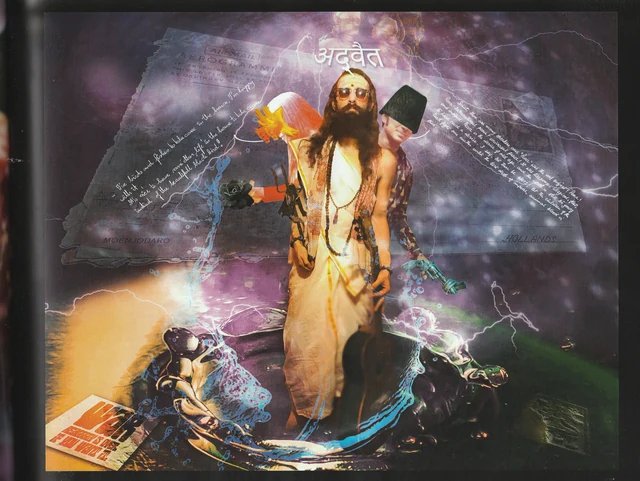 A standing figure surrounded by storm clouds, flowing water and layered symbols.