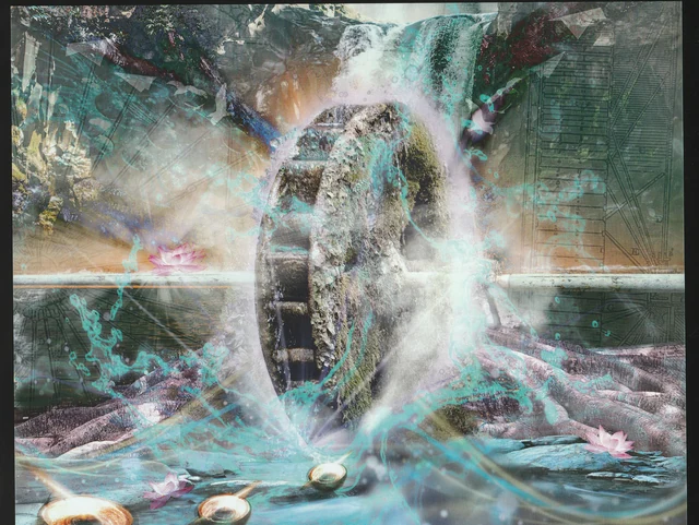 Translucent seated figures and a pale waterfall within a circular composition.