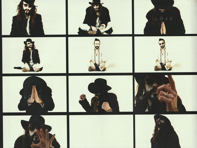 Twelve portrait panels showing a dark-hatted figure and changing hand gestures.