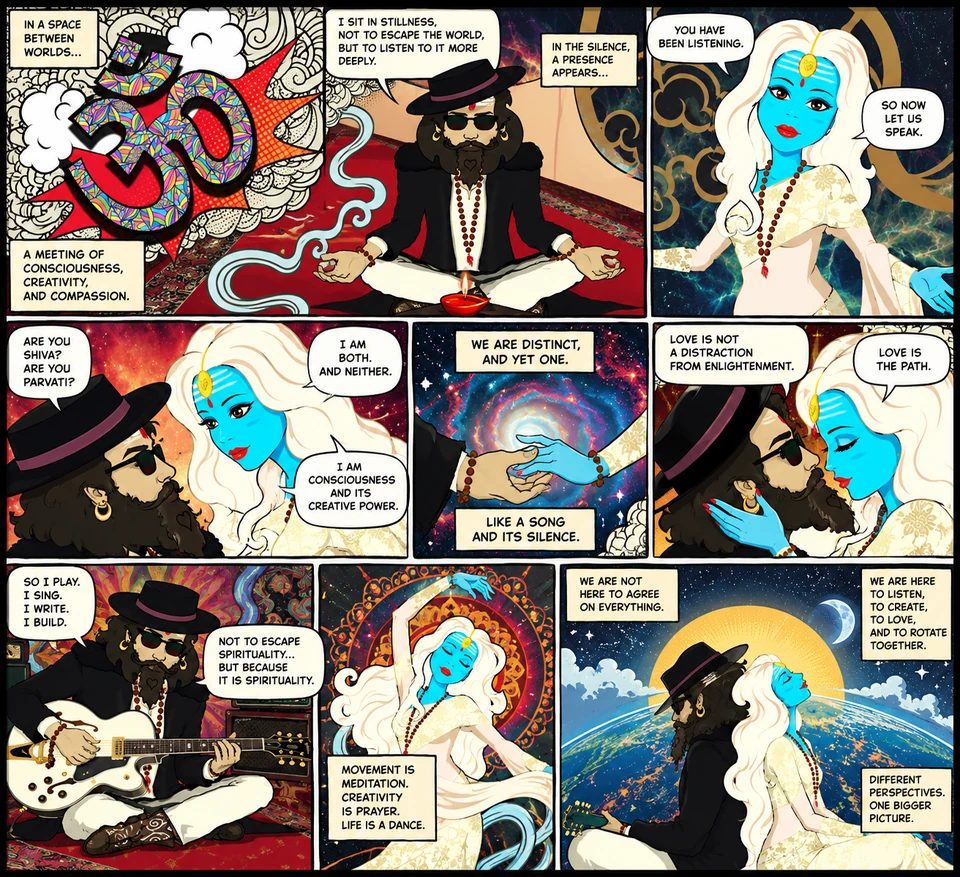 Cosmic Dialogue of Unity and Love — Juke and Psych explore consciousness, creativity and love in a colourful cosmic comic.
