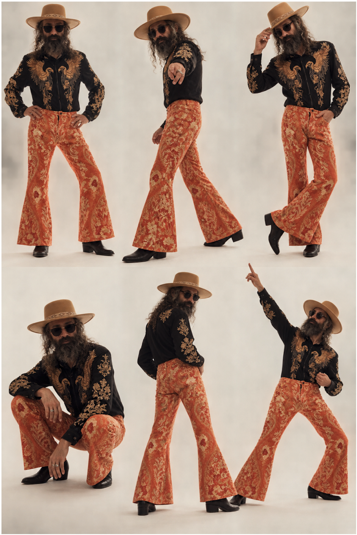 Six poses of Mr. Juke Lightning wearing a tan hat, sunglasses, a black shirt embroidered with gold birds, and orange floral bell-bottom trousers.
