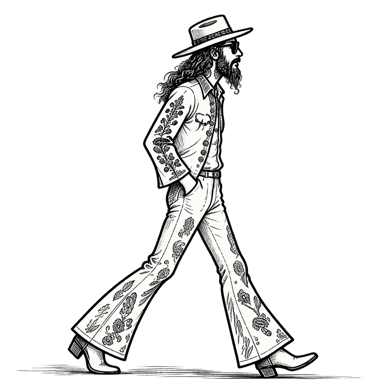 Black ink drawing of Mr. Juke Lightning walking toward the symbol in a wide-brim hat, sunglasses, embroidered shirt, floral bell bottoms and heeled boots.
